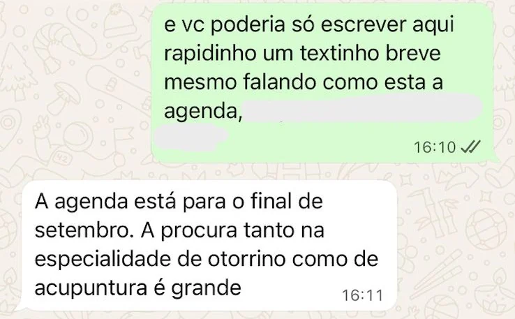 Print de conversa no WhatsApp em que a médica informa que a agenda está cheia até o final de setembro
